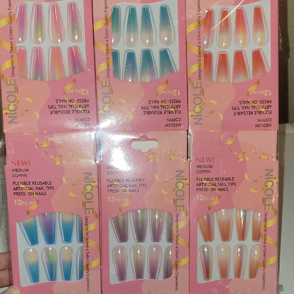 12 Pack Nicole Colorful Artificial Nail Set - Pink, Blue, Orange, Purple